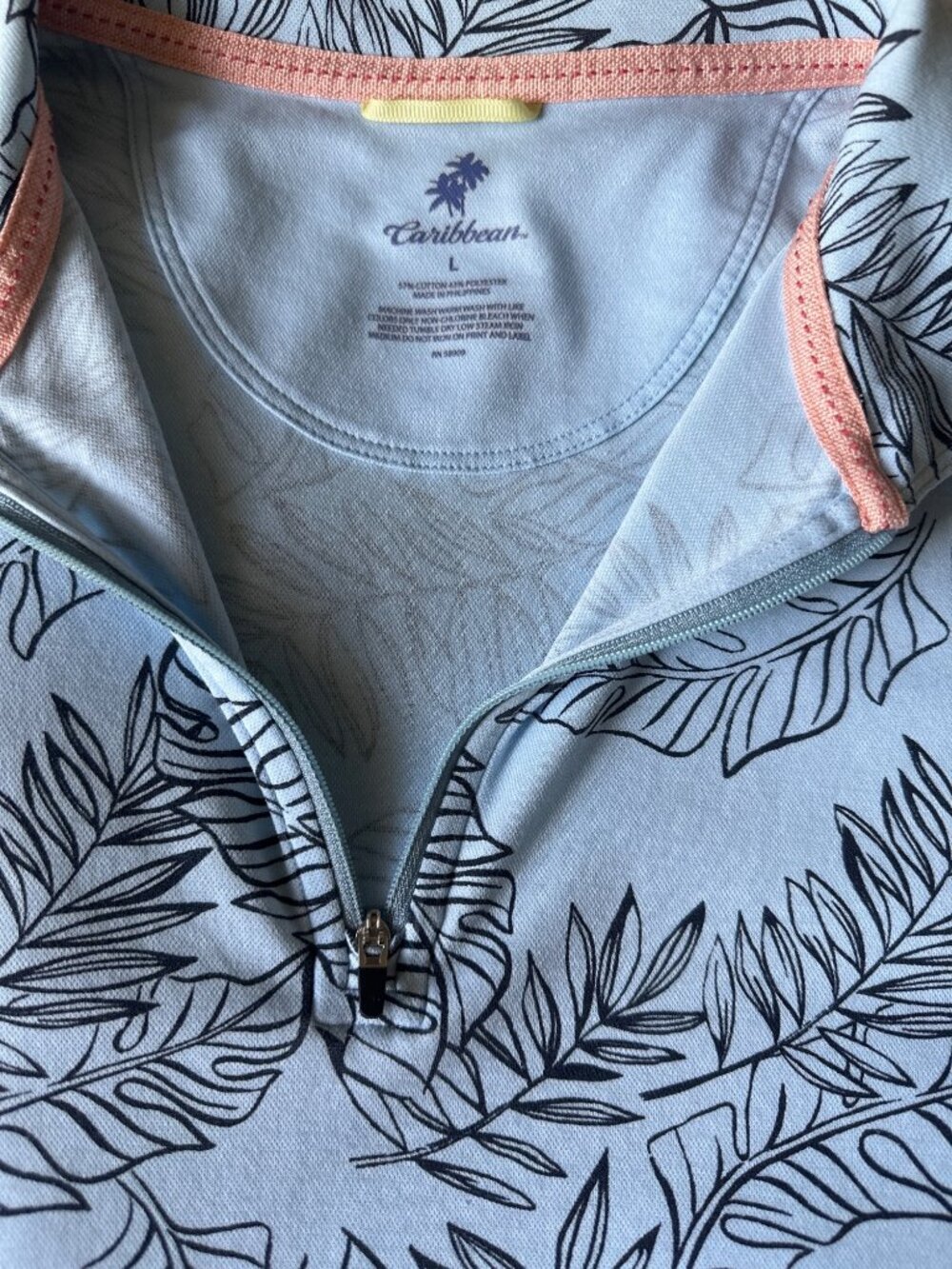 Caribbean Mens Light Blue Half-Zip Pullover With Black Leaf Print Size L - Picture 3 of 5